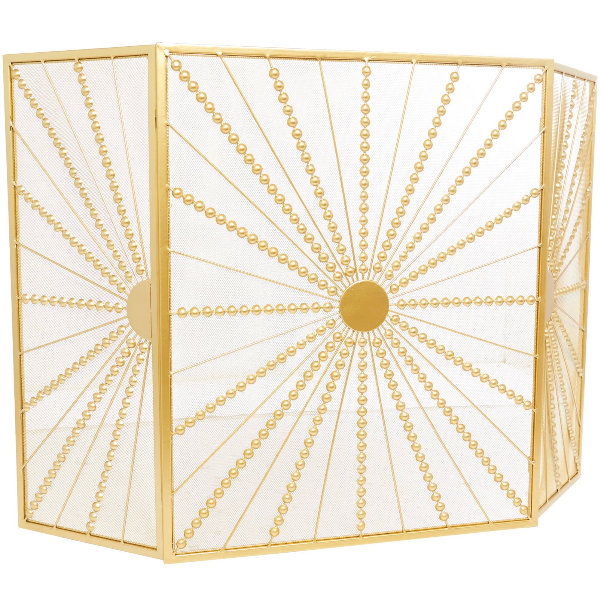 Gold Metal Foldable 3-Panel Starburst Fireplace Screen with Bead Inspired Rays